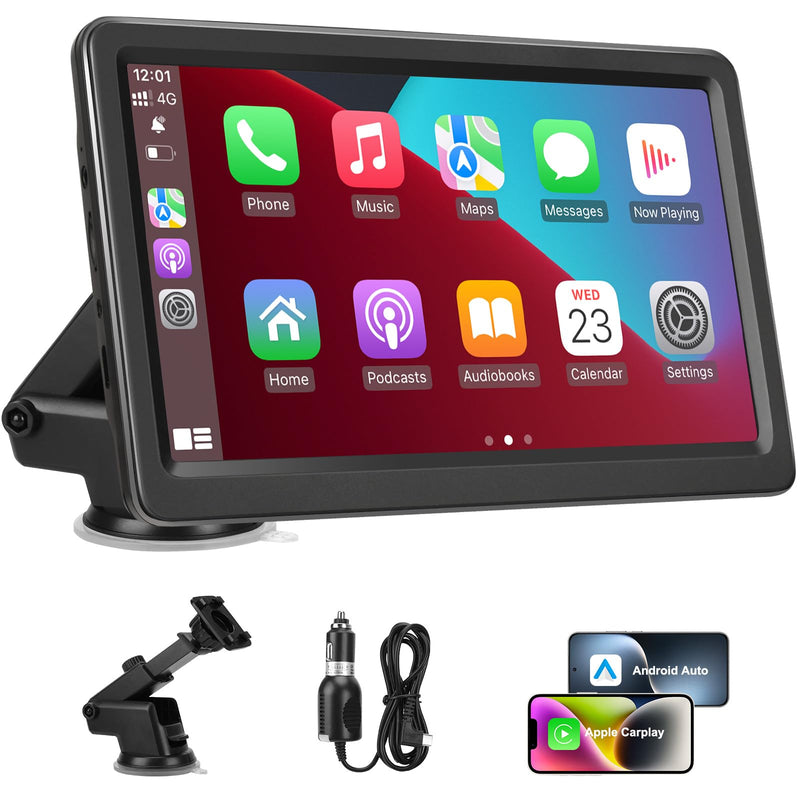 Carplay Screen for Car, 7" Wireless Carplay & Android Auto, Portable HD Touchscreen with Mirror Link, GPS Navigation, Voice Control, Hands-Free Calling, Bluetooth/AUX/FM, Plug & Play Car Play Screen Black