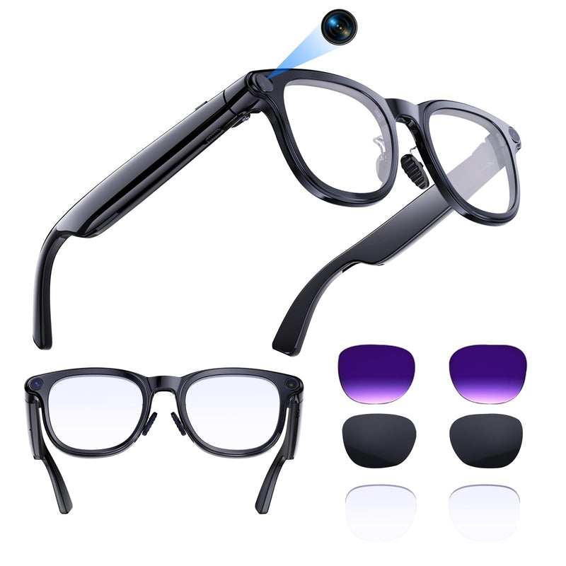 AI Smart Glasses with 4K Camera, 8MPW Anti-Shake Bluetooth Camera Glasses for Women Men, 1080P Video Recording Dual Mic Noise Reduction, Real Time Translation, Voice Assistant for Travel (3 lenses)