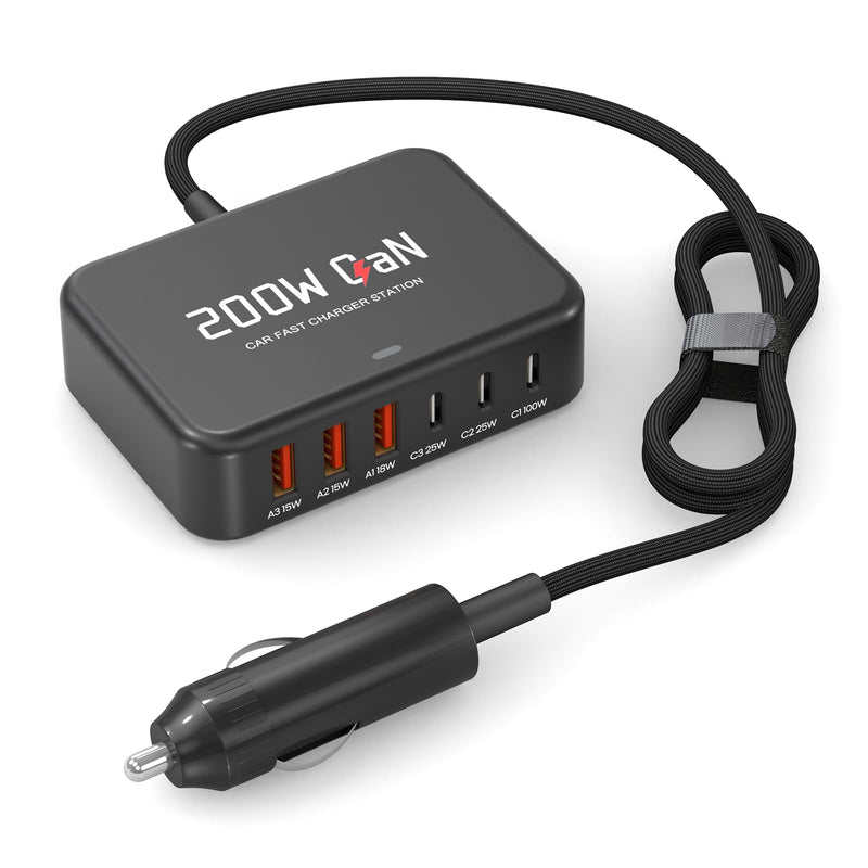 Multi Ports USB Laptop Car Charger, Fast Charge 200w PD3.0 Adapter Compatible with MacBook pro/Lenovo Thinkpad/Dell inspiron/Surface Pro/HP, Cell Phones Tablets and Other USB Devices