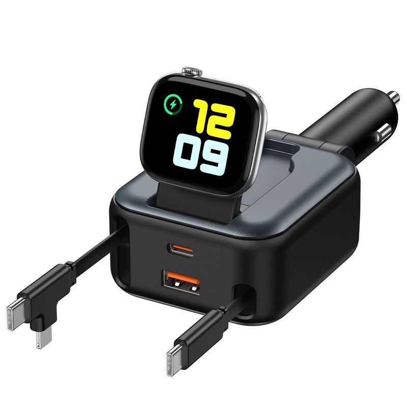 6 in 1 Retractable Car Charger, 100W USB C + USB A Fast Charging for iPhone 17/16/15/14/13/12/11, iWatch, Android, Travel Essentials Car Accessories, Gift for Men & Women Grey