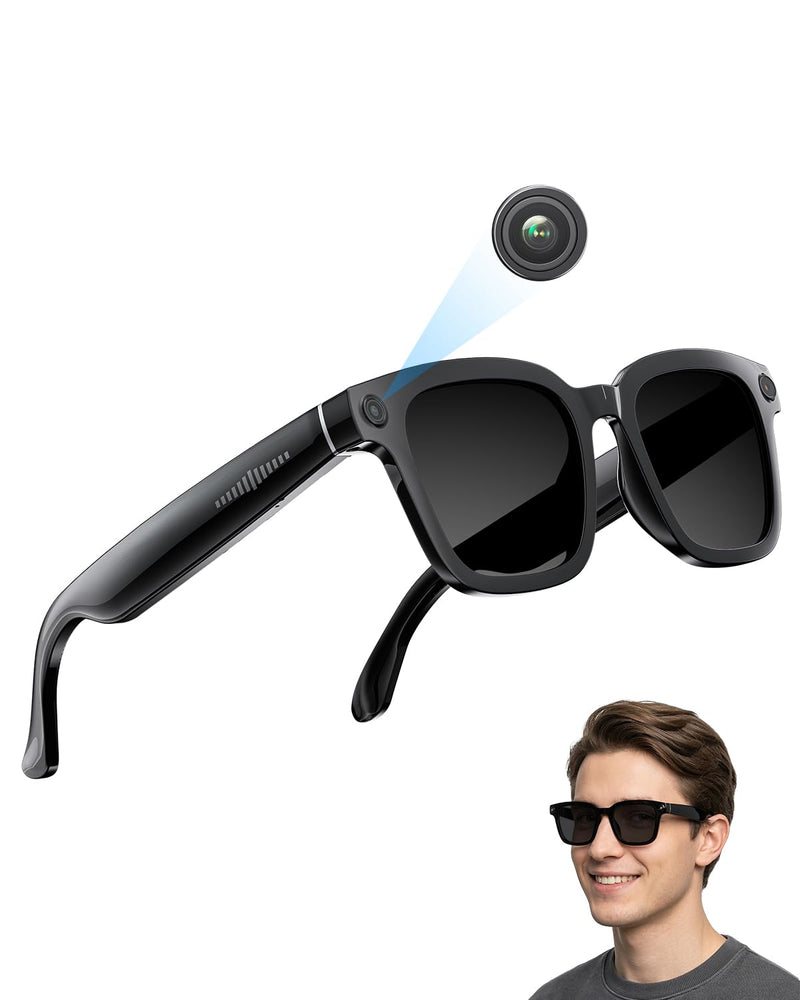 AI Smart Glasses with Camera and Bluetooth, 8MP 32GB 1200P HD Cam Glasses | Supports Photo/Video/Audio Recording, Real-Time Translation, Voice Assistant, Object Recognition for Life Work Vlog Black frame + Black lens