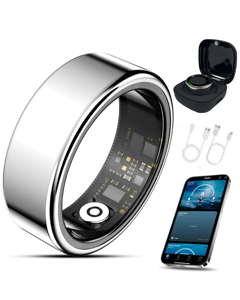 Smart Ring Health Tracker with Charging Case Sleep Heart Rate & Blood Oxygen Monitor 5ATM+IP68 Waterproof Fitness Ring No Subscription 3-7Day Battery iOS & Android Compatible for Men Women silver 9#