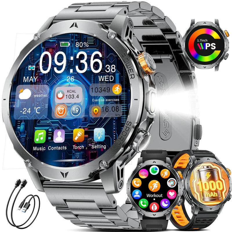 LIGE Military Smart Watches for Men(3 Bands),1000mAh Battery/1.7" HD Large Screen Smartwatch, Flashlight/120+ Sports Modes/Sleep Monitor, 5ATM Waterproof Fitness Tracker Watch for Android iOS,Black Black