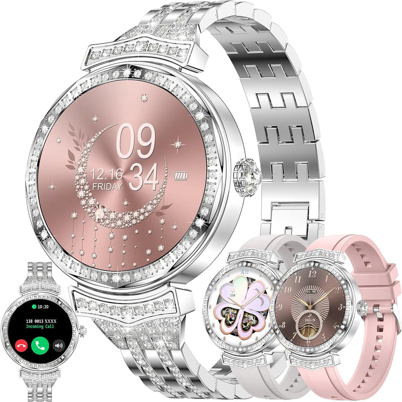 Smart Watch for Women, Answer/Make Call, 1.32'' AMOLED Fitness Trackers with Heart Rate//SpO2/Sleep Monitor, 130+ Sports Modes, IP68 Waterproof Smartwatch for iOS Android, 3 Watch Bands (Silver) Silver