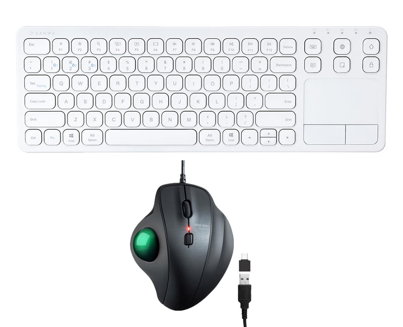 SANWA TB128GR Wired Trackball Mouse + GSKB066W Bluetooth Keyboard with Touchpad Set, Silent Click Roller Ball Mice, Multi Device Trackpad Keyboard, Compatible with Mac, Laptop, PC, Windows, macOS