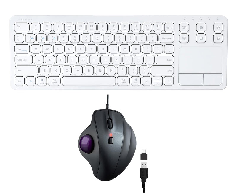 SANWA TB128V Wired Trackball Mouse + GSKB066W Bluetooth Keyboard with Touchpad Set, Silent Click Roller Ball Mice, Multi Device Trackpad Keyboard, Compatible with Mac, Laptop, PC, Windows, macOS