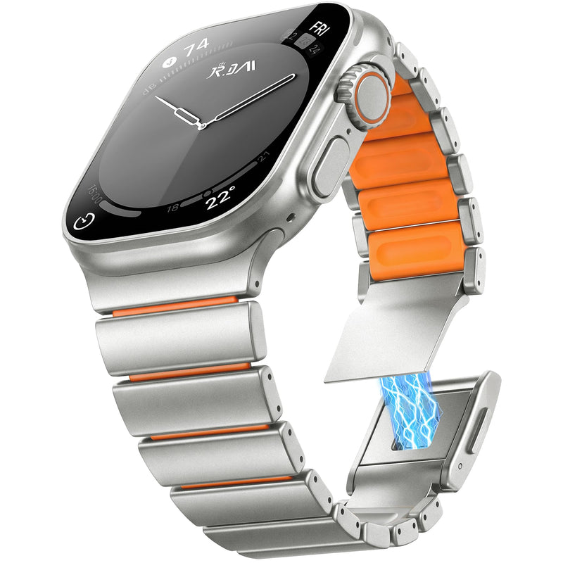Magnetic Metal Band for Men, Compatible with Apple Watch 42-49mm | Luxury Titanium Silicone Strap, Lightweight Sport Band for iWatch Series 1/2/3/4/5/6/7/8/9/10/11/SE, Fits 5.4"-7.7" Wrists Titanium + Orange