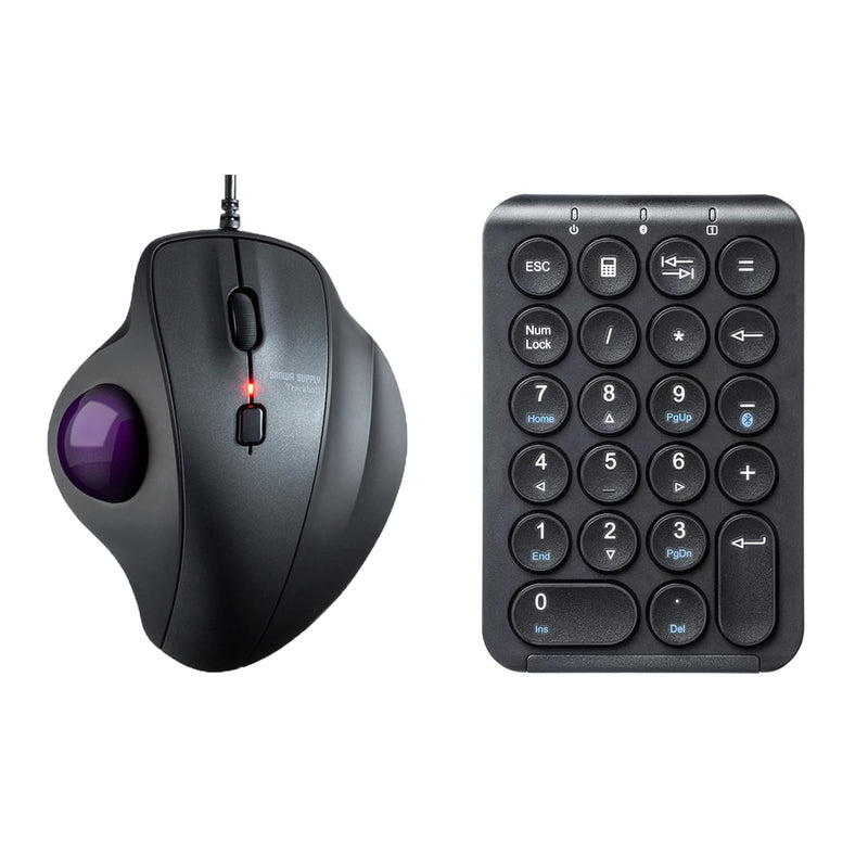 SANWA TB128V Wired Trackball Mouse + Bluetooth Numeric Keypad Set, Silent Click Roller Ball Mice, Wireless Portable & Slim Ten Key Number Pad, Compatible with Mac, Laptop, PC, Windows, Computer