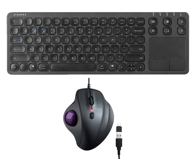 SANWA TB128V Wired Trackball Mouse + GSKB066 Bluetooth Keyboard with Touchpad Set, Silent Click Roller Ball Mice, Multi Device Trackpad Keyboard, Compatible with Mac, Laptop, PC, Windows, macOS