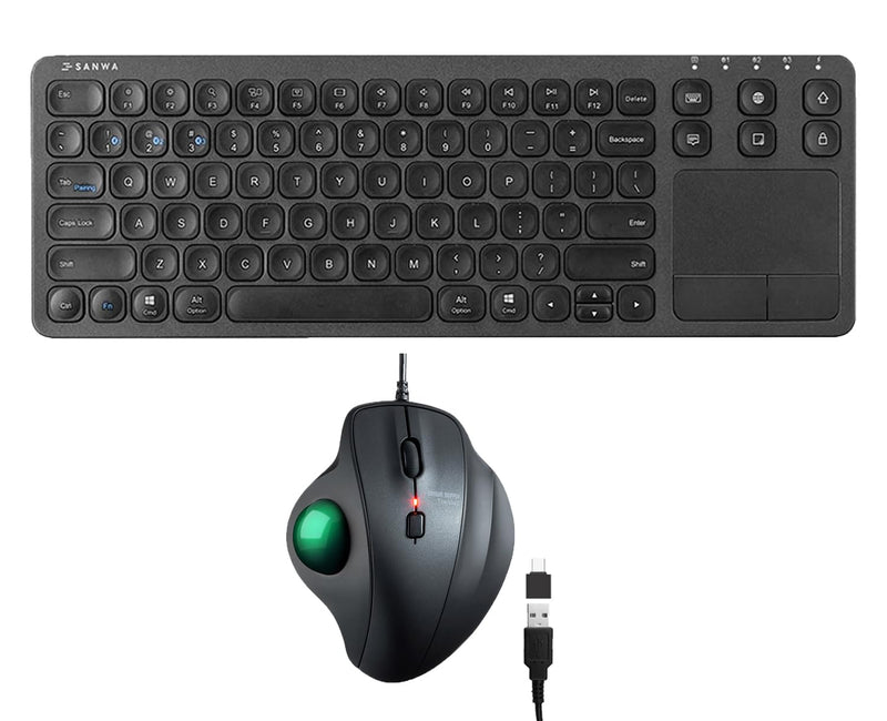 SANWA TB128GR Wired Trackball Mouse + GSKB066 Bluetooth Keyboard with Touchpad Set, Silent Click Roller Ball Mice, Multi Device Trackpad Keyboard, Compatible with Mac, Laptop, Computer, Windows, macOS