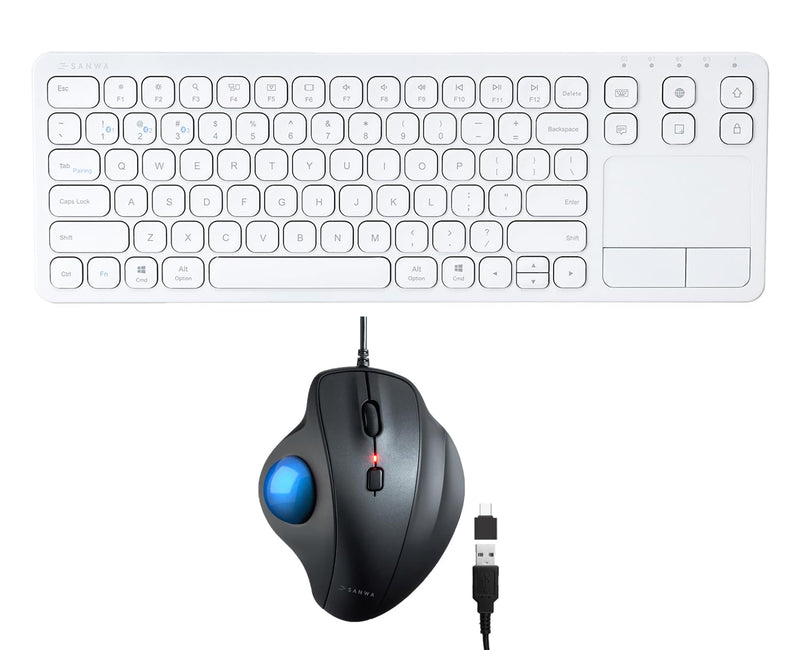 SANWA TB128BL Wired Trackball Mouse + GSKB066W Bluetooth Keyboard with Touchpad Set, Silent Click Roller Ball Mice, Multi Device Trackpad Keyboard, Compatible with Mac, Laptop, PC, Windows, macOS