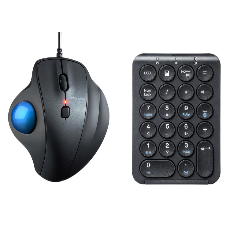 SANWA TB128BL Wired Trackball Mouse + Bluetooth Numeric Keypad Set, Silent Click Roller Ball Mice, Wireless Portable & Slim Ten Key Number Pad, Compatible with Mac, Laptop, PC, Windows, Computer