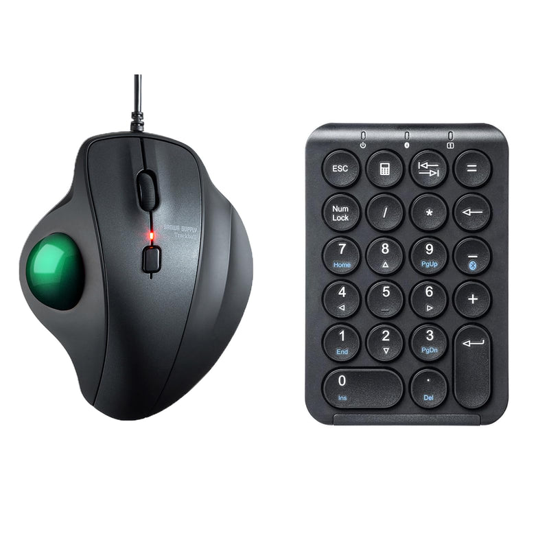 SANWA TB128GR Wired Trackball Mouse + Bluetooth Numeric Keypad Set, Silent Click Roller Ball Mice, Wireless Portable & Slim Ten Key Number Pad, Compatible with Mac, Laptop, PC, Windows, Computer