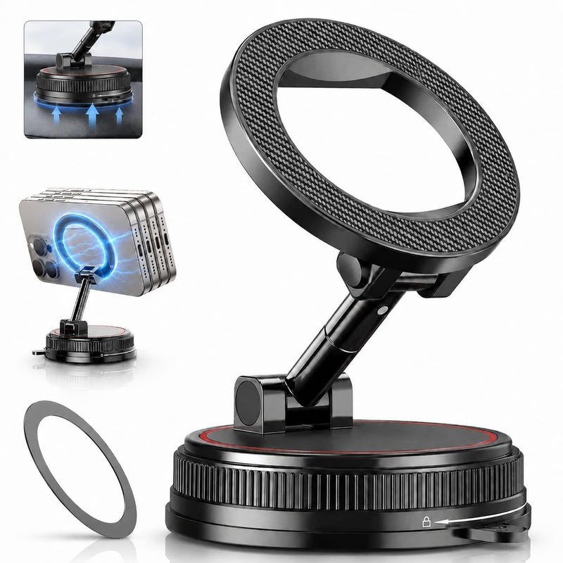 Car Phone Holder Mount for MagSafe, 108LBS Vacuum Suction&3000gf Magnetic | 360° Adjustable Foldable Dashboard Windshield Car Phone Mount for iPhone 17-12 & Android black norm