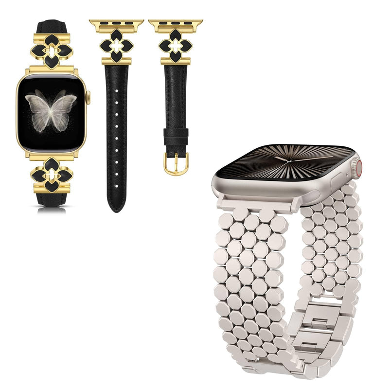 Minyee 2 Packs Band Compatible with Apple Watch Band Women 42/46/38/40/41/44/45/49mm, Premium Soft Leather Strap with Bling Dainty Flower Charm & Dressy Honeycomb Pretty Adjustable Metal Designer Clas