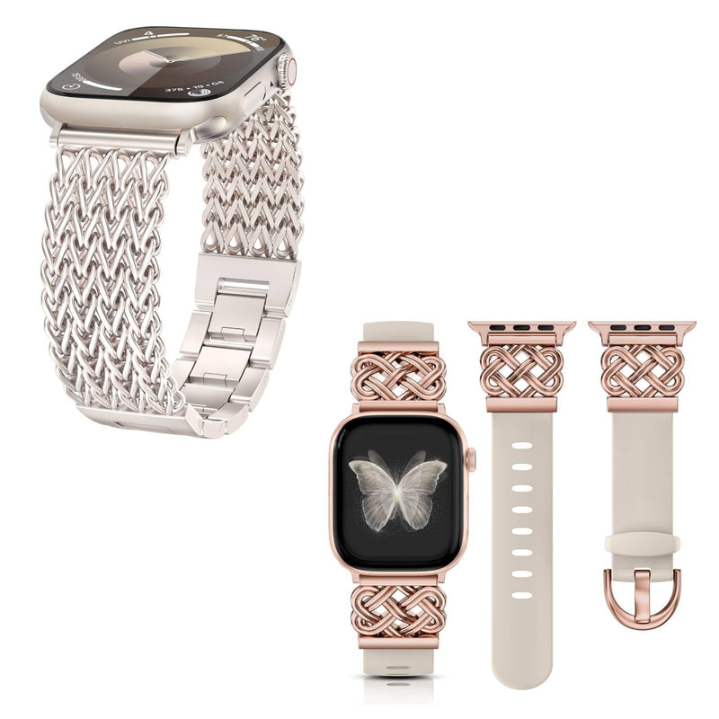 Minyee 2 Packs Band Compatible with Apple Watch Band Women 42/46/38/40/41/44/45/49mm, Celtic Knot Silicone Band & Adjustable Chain Strap Link Bracelet