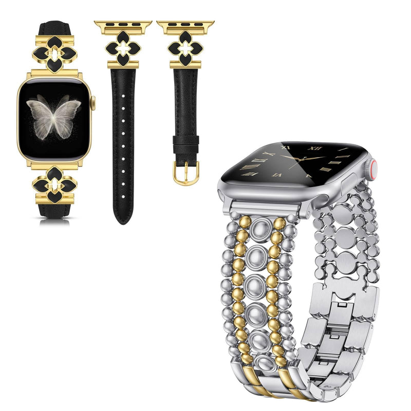 Minyee 2 Packs Band Compatible with Apple Watch Band Women 42/46/38/40/41/44/45/49mm, Premium Soft Leather Strap with Bling Dainty Flower Charm & Pretty Stainless Steel Metal Studded Designer Link Bra