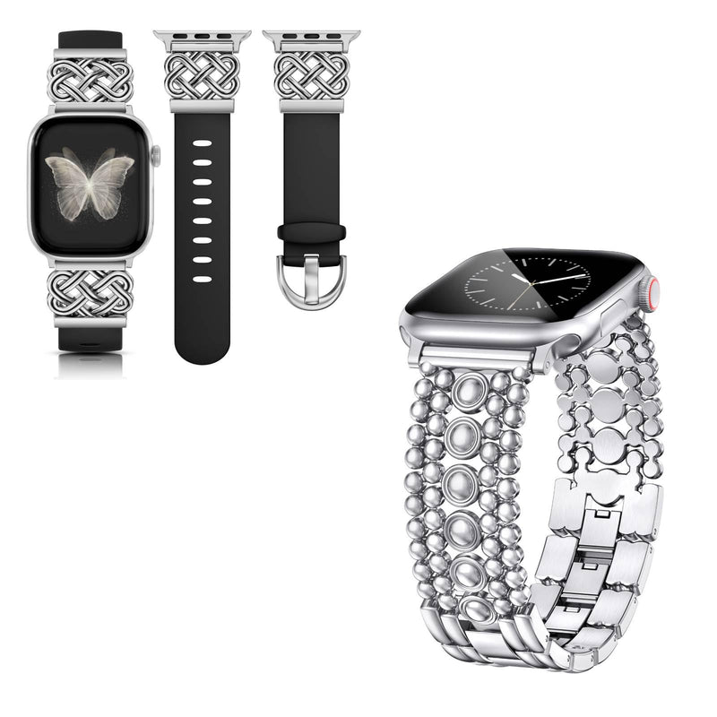 Minyee 2 Packs Band Compatible with Apple Watch Band Women 42/46/38/40/41/44/45/49mm, Celtic Knot Silicone Band & Dressy Pretty Stainless Steel Metal Fancy Studded Designer Link Bracelet