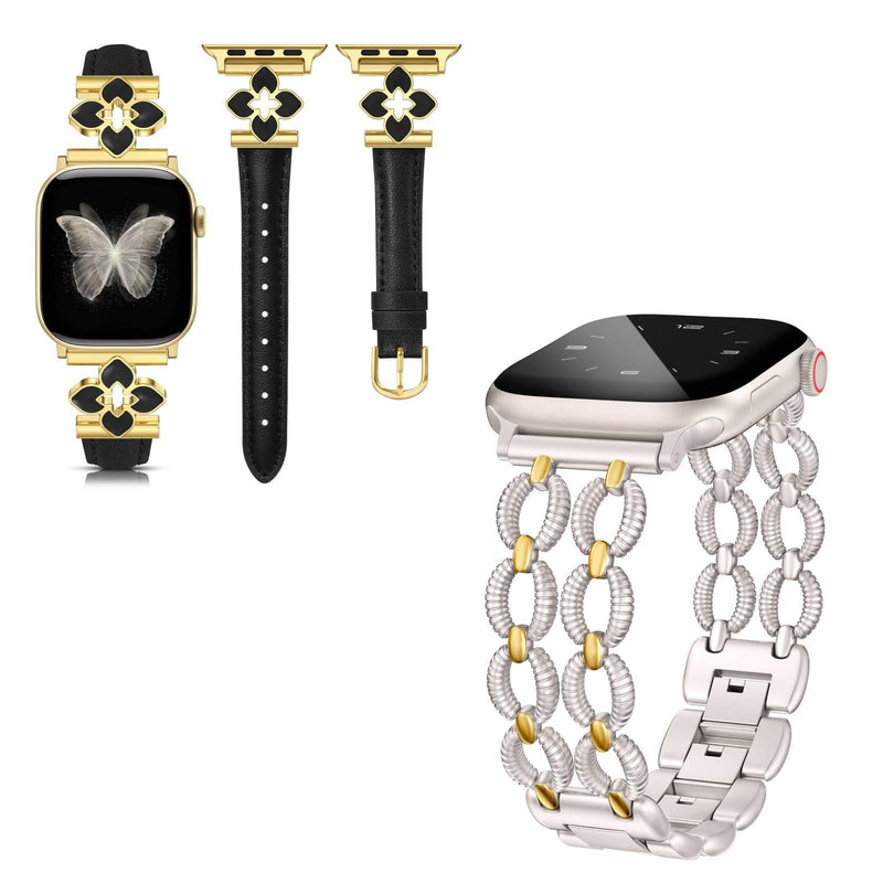 Minyee 2 Packs Band Compatible with Apple Watch Band Women 42/46/38/40/41/44/45/49mm, Premium Soft Leather Strap with Bling Dainty Flower Charm & Double Chain Twisted Designer Fancy link Bracelet