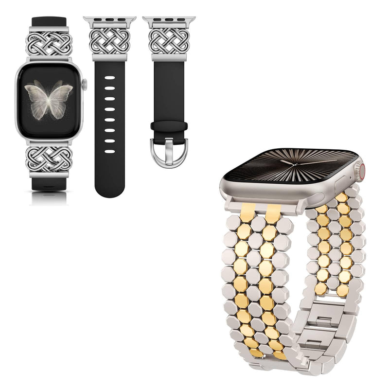 Minyee 2 Packs Band Compatible with Apple Watch Band Women 42/46/38/40/41/44/45/49mm, Celtic Knot Silicone Band & Dressy Honeycomb Pretty Adjustable Metal Designer Classy Wristband