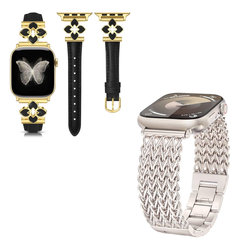Minyee 2 Packs Band Compatible with Apple Watch Band Women 42/46/38/40/41/44/45/49mm, Premium Soft Leather Strap with Bling Dainty Flower Charm & Adjustable Chain Strap Link Bracelet