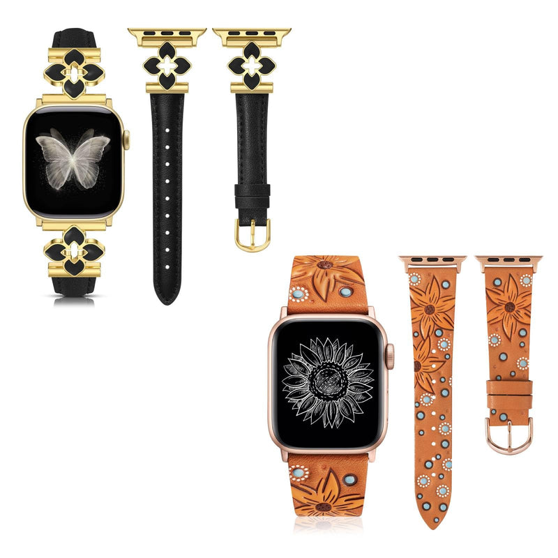 Minyee 2 Packs Band Compatible with Apple Watch Band Women 42/46/38/40/41/44/45/49mm, Premium Soft Leather Strap with Bling Dainty Flower Charm & Boho Western Embossed Sunflower Floral Premium Leather