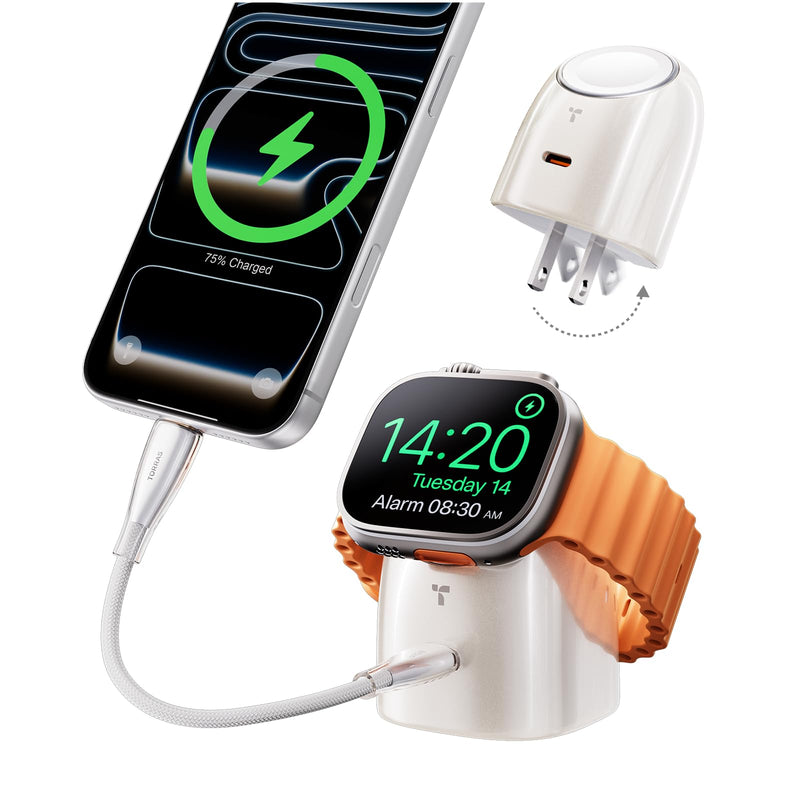 TORRAS Flasheye 2-in-1 45W GaN USB-C Charger for Apple Watch,iPhone W-White | Foldable Compact Wall Charger Block for Travel and Bedside, Fast Charging for iPhone, Watch, iPad and AirPods, Warm White A.Warm White Pearlescent