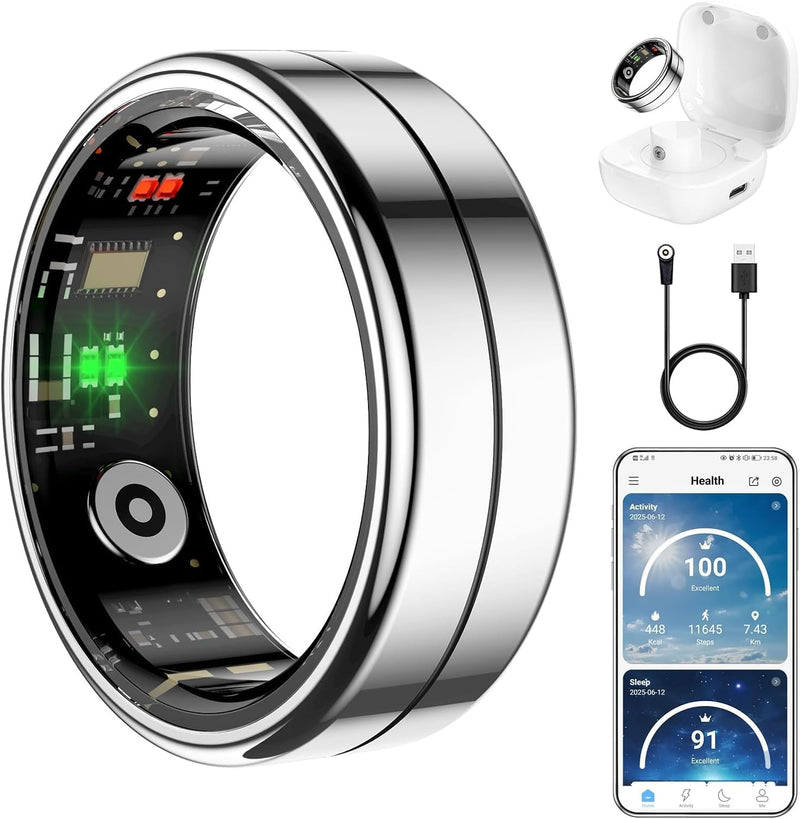 Fit Ring for Women Men, Ring Health Tracker with Heart Rate,Blood Oxygen,Heart Rate Variability, Stress, Sleep Monitor, Step Counter, Smart Ring for iPhone & Android, No Subscription Fee (Silver, 9)