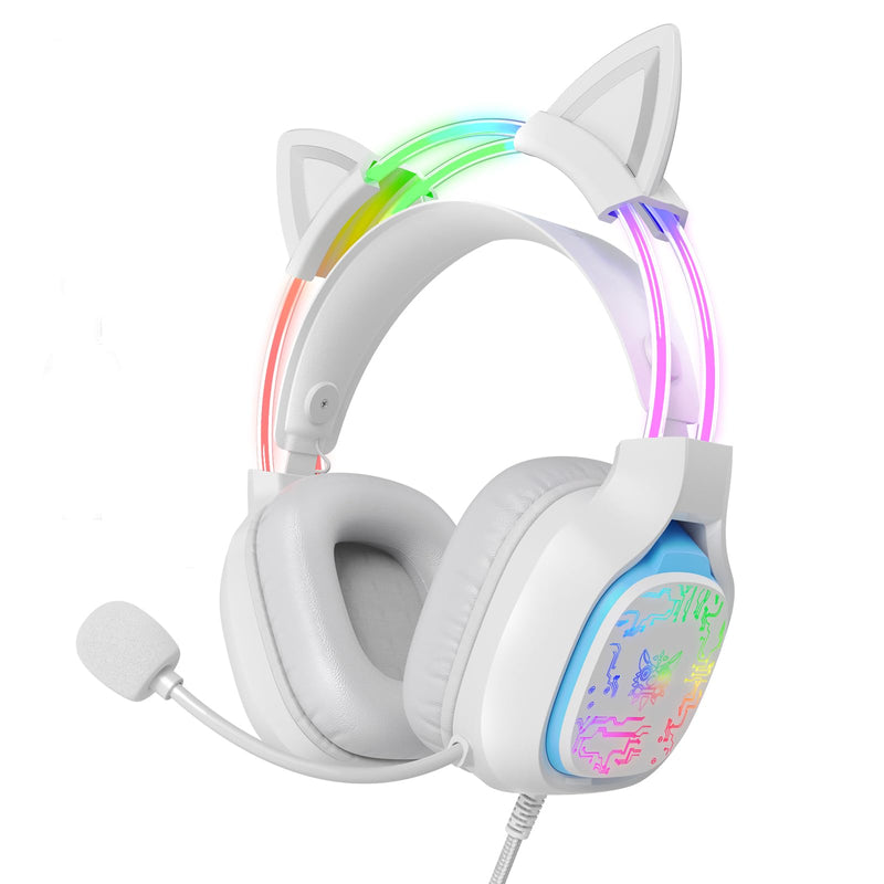 Gaming Headset with Microphone, RGB Lights, Detachable Cat Ear, Lightweight Over-Ear Headphones with Adjustable Headband for PC, PS4, PS5, Mac, Switch, Surround Sound, in-Line Control, White