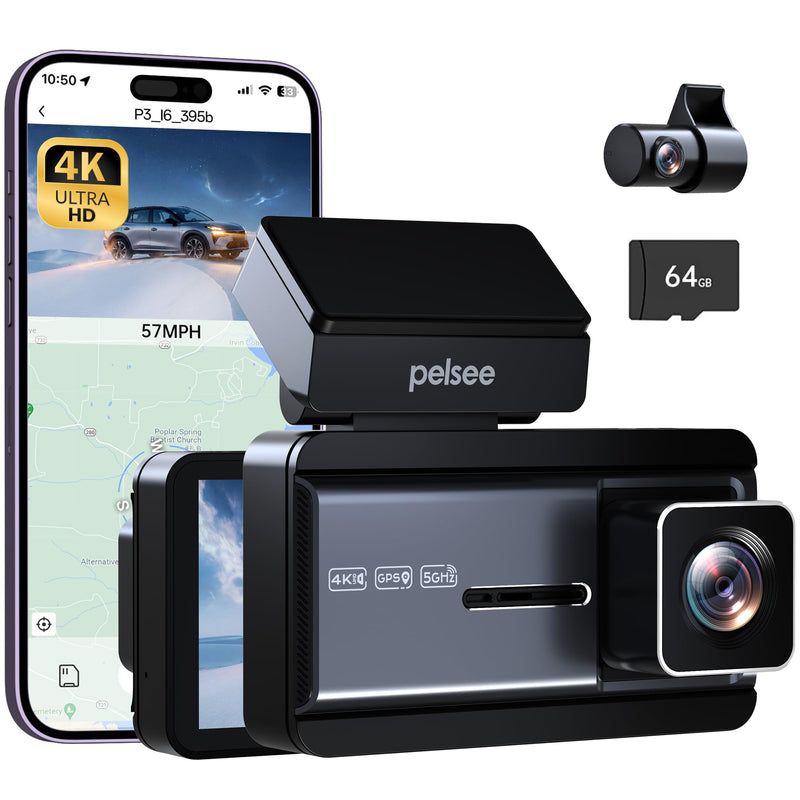Pelsee P3 4K Dash Cam Front and Rear, 64GB SD Card, Dash Camera for Cars | Dual Car Camera with Wi-Fi 6, GPS, ADAS, BSD, LCA, 3’’ IPS Display, APP & Voice Control, Color Night Vision, 24H Parking Mode