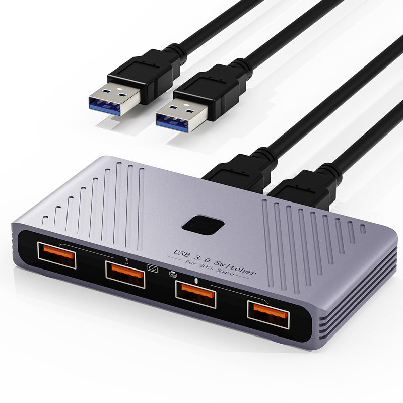 USB 3.0 Switch, 2 Computers Sharing 4 USB Devices, One-Button Switcher | For Keyboard Mouse Printer Scanner, USB Peripheral Sharing Hub for PC Laptop with 2 USB 3.0 Cables, Aluminum Alloy Case For 2 PCs
