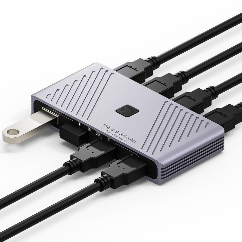 [AUSTRALIA] - USB 3.0 Switch, 4 Computers Sharing 4 USB Devices, One-Button Switcher for Keyboard Mouse Printer Scanner, USB Peripheral Sharing Hub for PC Laptop with 2 USB 3.0 Cables, Aluminum Alloy Case For 4 PCs 