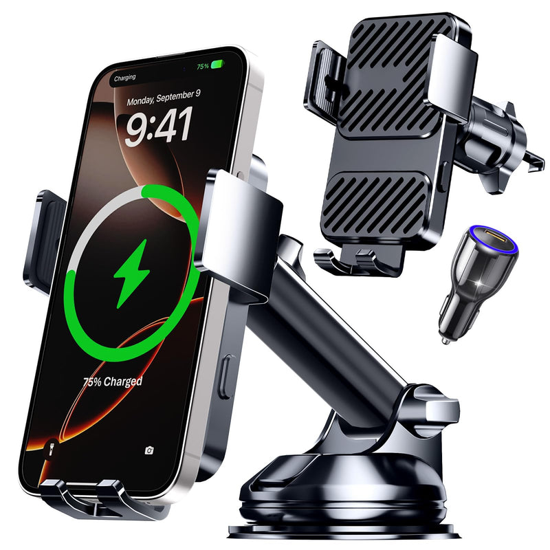3 in 1 Wireless Car Charger, Phone Holders for Your Car 15W Fast Charging Auto Clamping, Car Phone Mount for iPhone 17 16 15 14 13 Mini Pro Max XR, Samsung Galaxy S25 Ultra S24 S23 S22 S21 Black