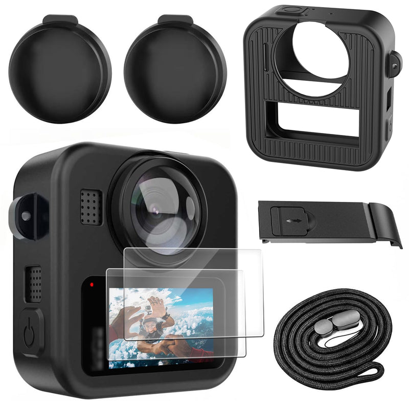 [AUSTRALIA] - Silicone Protective Case for GoPro Max 2 with Open-Vent Design & Protective Accessories Kit - Includes 9H Tempered Glass Screen Protector, Lens Cap, Battery Cover & Adjustable Lanyard (Black) 