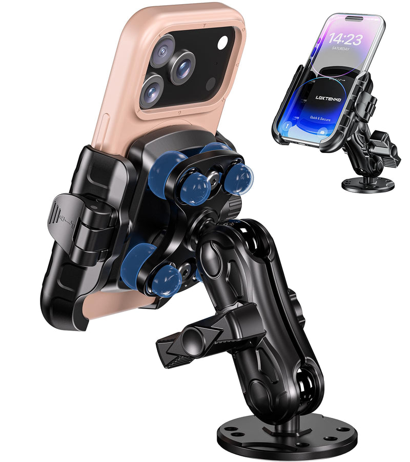 LOKTENWO Anti-Vibration Phone Mount Holder with Vibration Dampener | 1s Lock & Release Camera Friendly Aluminum AMPS Hole Round Base & Medium Arm for Car Truck UTV Boat, Fit 5.4''-7.2'' Phones