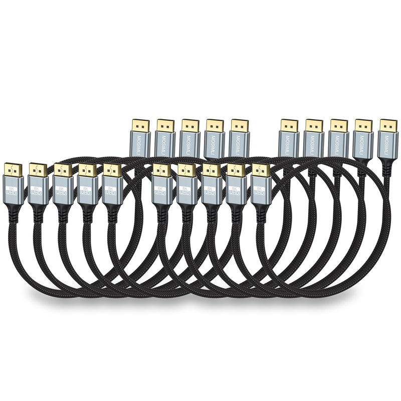 DisplayPort 1.4 Cable, 3FT, 10-Pack, 8K@60Hz, 32.4Gbps | 4K@120Hz, 2K@240Hz, HDR, DSC 1.2, FreeSync, G-Sync, FEC, Braided, For Monitor, Graphics Card, Gaming, Laptop, Docking Station Grey
