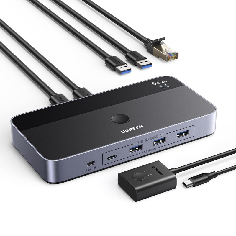 UGREEN USB 3.0 Switch for 2 PCs Simultaneous Internet Access & Sharing USB Devices, USB Switcher Sharing Keyboard and Mouse, Built-in Gigabit Ethernet Adapter, Includes 2 USB Cables & Controller