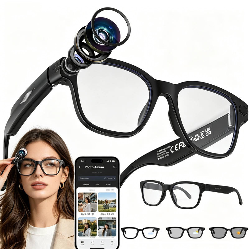 AI Smart Glasses with Camera, 8MP HD Camera Glasses for Men,Women, AI Recording Glasses with Voice Assistant, Stabilization Video Recording Glasse, Real-time Translation, for Vlogging & Photography