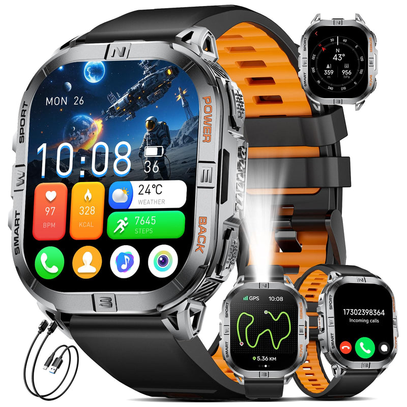 Military Smart Watches for Men,Built-in GPS/LED Flashlight/Compass/600mAh Battery,2.13" AMOLED Outdoor Sports Smartwatch with 170+ Sport Modes,5ATM Waterproof Fitness Tracker for iOS Android,Silicon