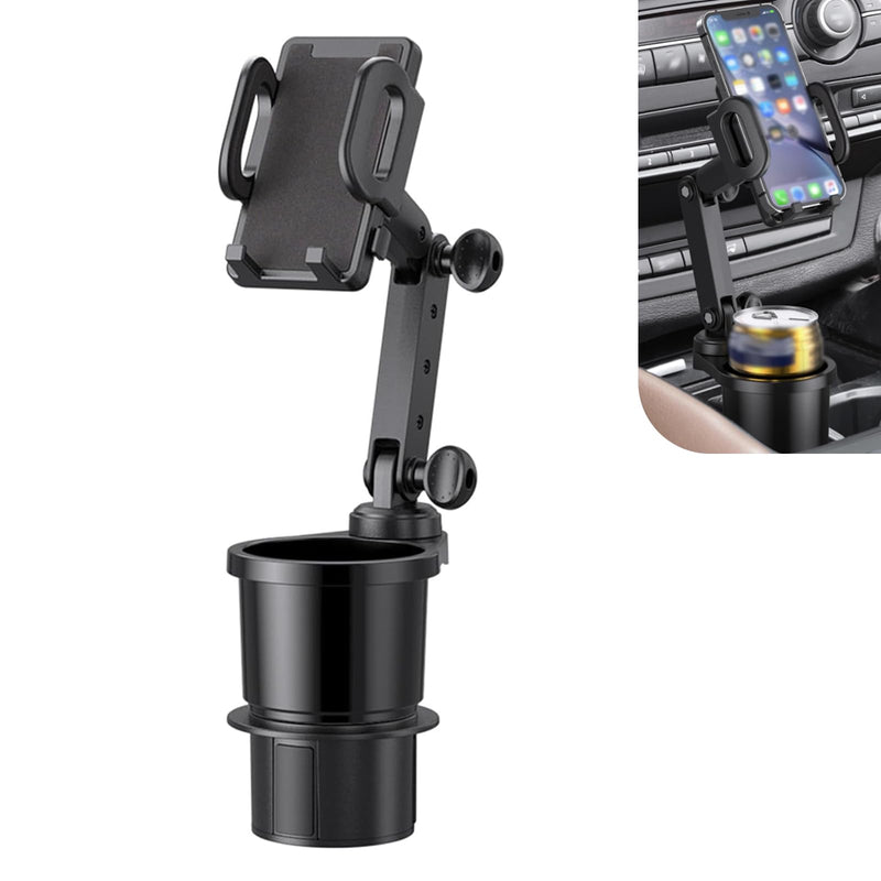 Car Cup Holder and Phone Mount, 2-in-1 Adjustable Multifunctional Insert Mount, Anti-slip Shockproof Extender Base, Interior Accessory for Round Car Cup Holder (Black)