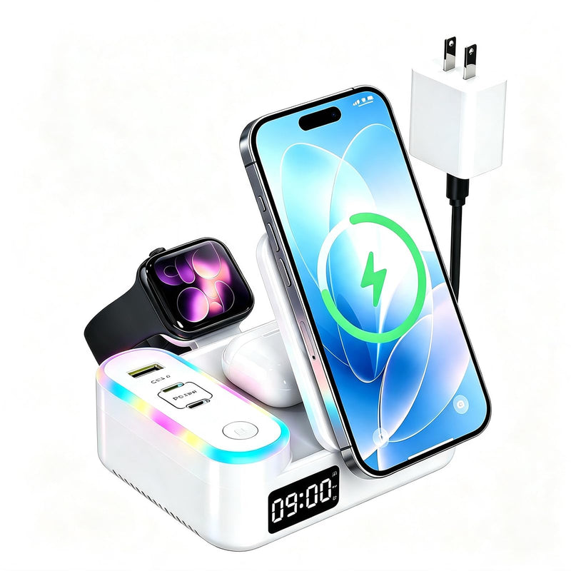 65W 8-in-1 Wireless Charging Station for Apple Samsung Multi-Devices, 3-Ports USB A/C Retractable Charger Stand/Desktop Orgnaizer for iPhone17/16/Galaxy 26/iPad/iWatch AirPods for Home Office, Family White