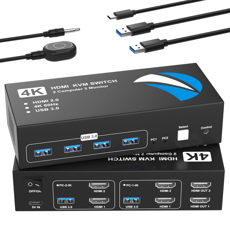 HDMI KVM Switch 2 Monitors 2 Computers, 4K@60Hz USB KVM Switches Dual Monitor with 4 USB 3.0 Ports Sharing Keyboard Mouse Printer, Monitors Switch for 2 Computers, HDMI Switcher 2 in 2 Out
