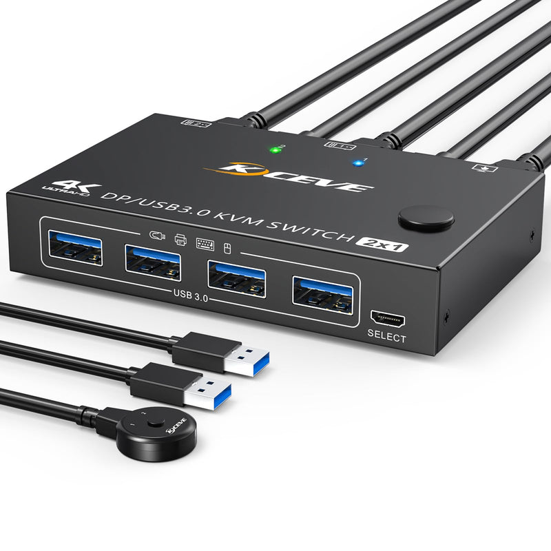 KCEVE KVM Switch 1 Monitor 2 Computers Displayport 4K@144Hz | USB 3.0 KVM Switch Displayport for 2 Computer Share 1 Monitor and 4 USB Devices, Wired Remote(4K DP 2 in 1 out KVM)