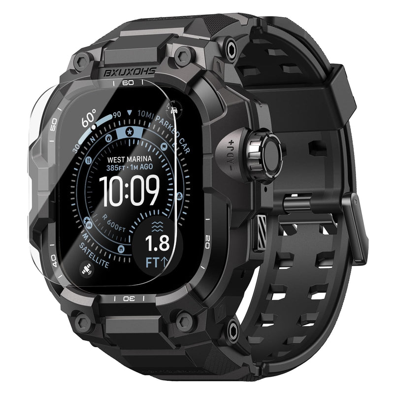 BXUXOHS Rugged Case and Band for Apple Watch Ultra 3/2/1 49mm Men, Military Grade Shockproof Bumper Cover, with 2 Pack Screen Protector, Tactical Band Case for iWatch Ultra 3 2 1 Man, Black 01-Pure Black 49mm - Ultra 3/Ultra 2/Ultra