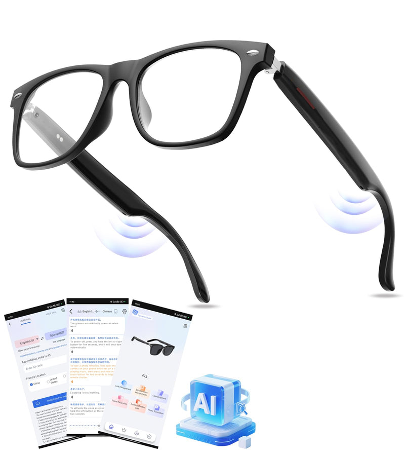 AI Smart Bluetooth Glasses for Men and Women with Translation | Real-time translation (115 languages), Glasses with speakers, Hands-free calls, Blue-light protection, for iOS/Android. Black frame Anti-Bluelight Lense