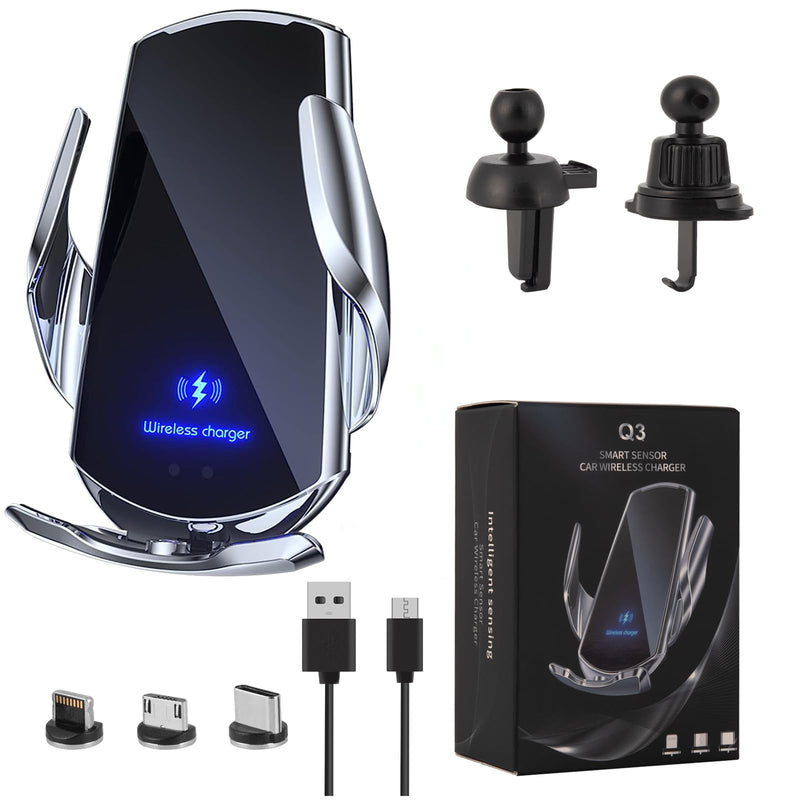 Wireless Car Charger Mount Automotive Electric Induction 15W Wireless Charger Car Auto Clamping Car Phone Holder Mount Wireless Charging Mount Vent Phone Holde Compatible with Android (Silver) Silver