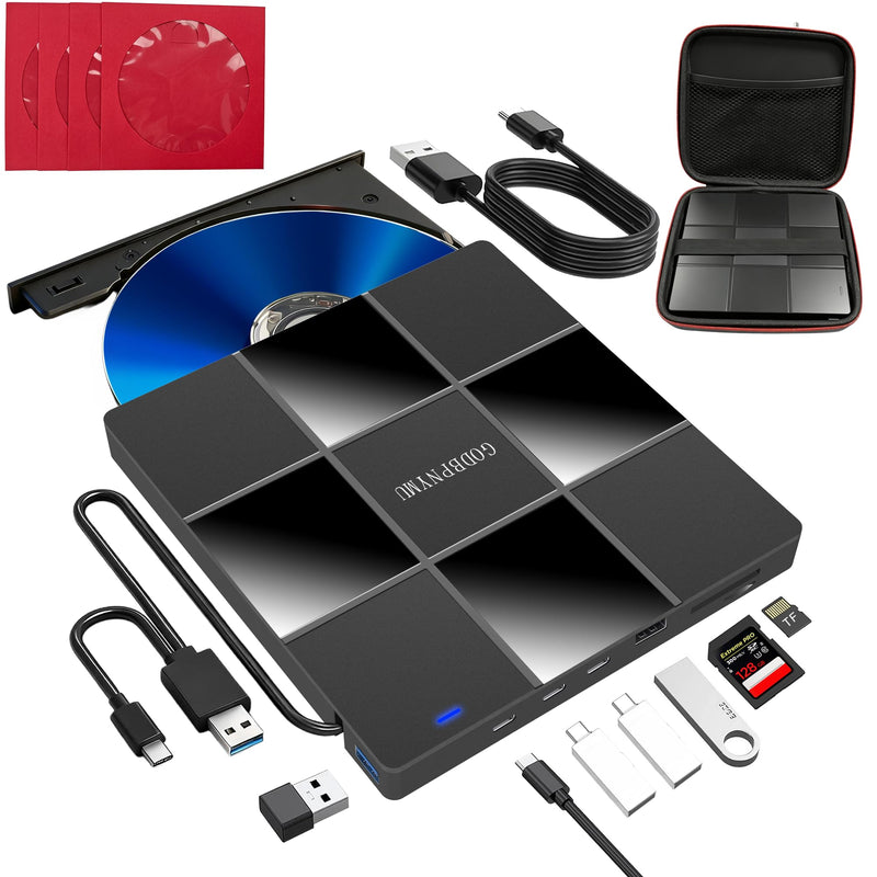 External DVD Drive, USB DVD Drive for Laptop Featuring 8-in-1 Hub | with USB-A/Type-C & TF/SD Card Reader – Compatible with Windows 11/10/8/7/XP, Linux, Mac OS – Includes Case + 4 Sleeves 8in1+Zipper bag