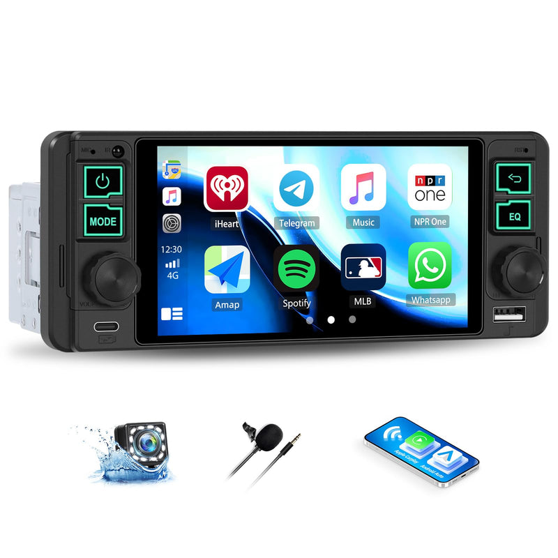 Single Din Car Radio with Wireless CarPlay & Android Auto,5.1 Inch HD IPS Touchscreen Single Din Stereo with Bluetooth Backup Camera,1 Din Car Radio Supports Bluetooth/SWC/FM Radio/USB/TF