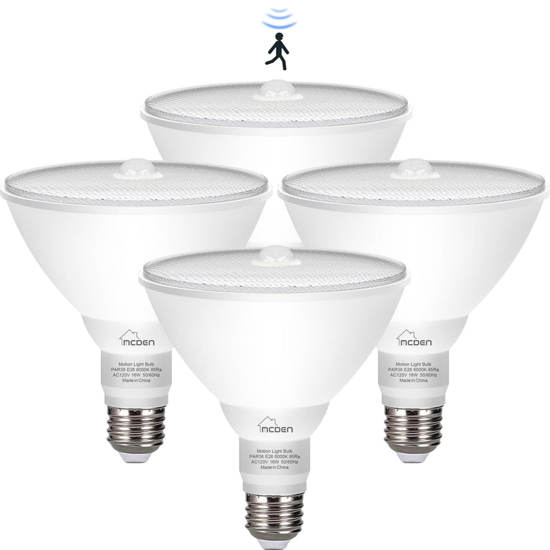 McDen Motion Sensor Light Bulb, PAR38 16W Equivalent 100W 6000K Daylight, Indoor Motion Activation Detector Light Bulb, E26 Base Dusk to Dawn Security Night Light.LED Flood Lights Outdoor, 4 Packs Daylight White PAR38-16W