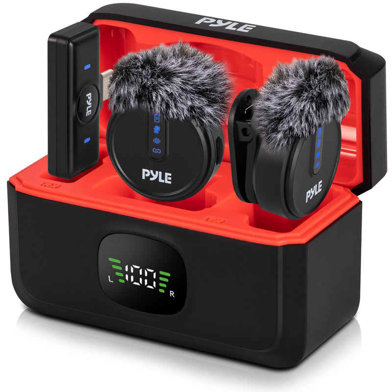[AUSTRALIA] - Pyle Wireless Lavalier Microphone System | Noise-Canceling Clip-On Mic with Magnetic Mount, 8H Battery, Charging Case, Windscreens | USB-C Plug & Play for Vlogging, Interviews, Streaming & Podcasts 